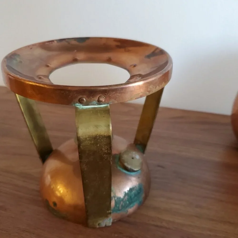 Hammered copper fondue pot Saucier and brass warmer two tone inMeersburg Germany